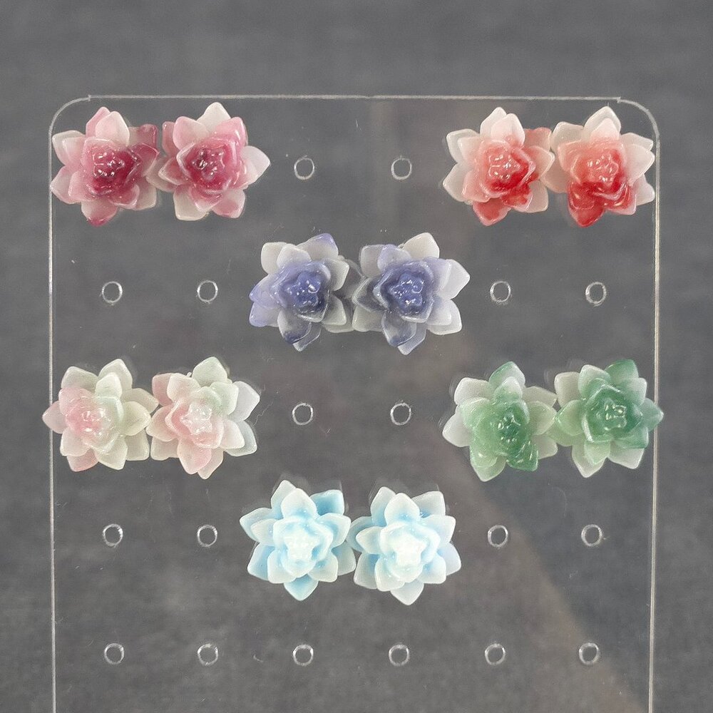 Lotus Flower Stud Earrings Marble Jade Color - Stainless Steel & Butterfly Backs